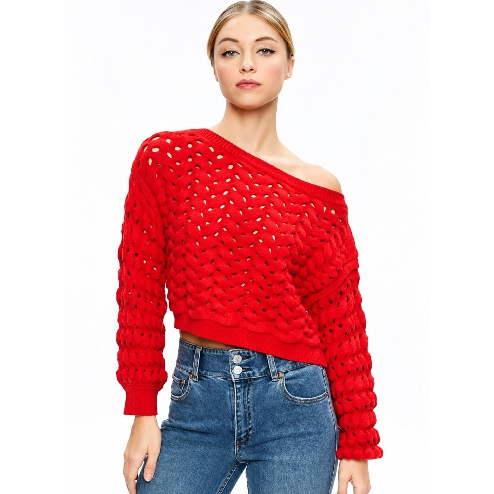 Alice + Olivia Allene Sweater S Red Chunky Cable Open Knit Cropped Wool Blend